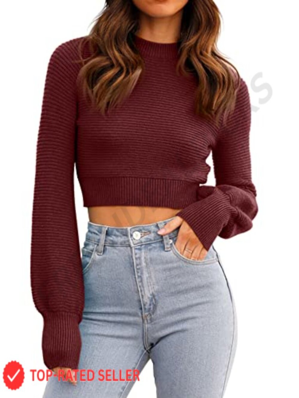 Ribbed Knit Cropped Sweater Crew Neck Long Sleeve Pullover